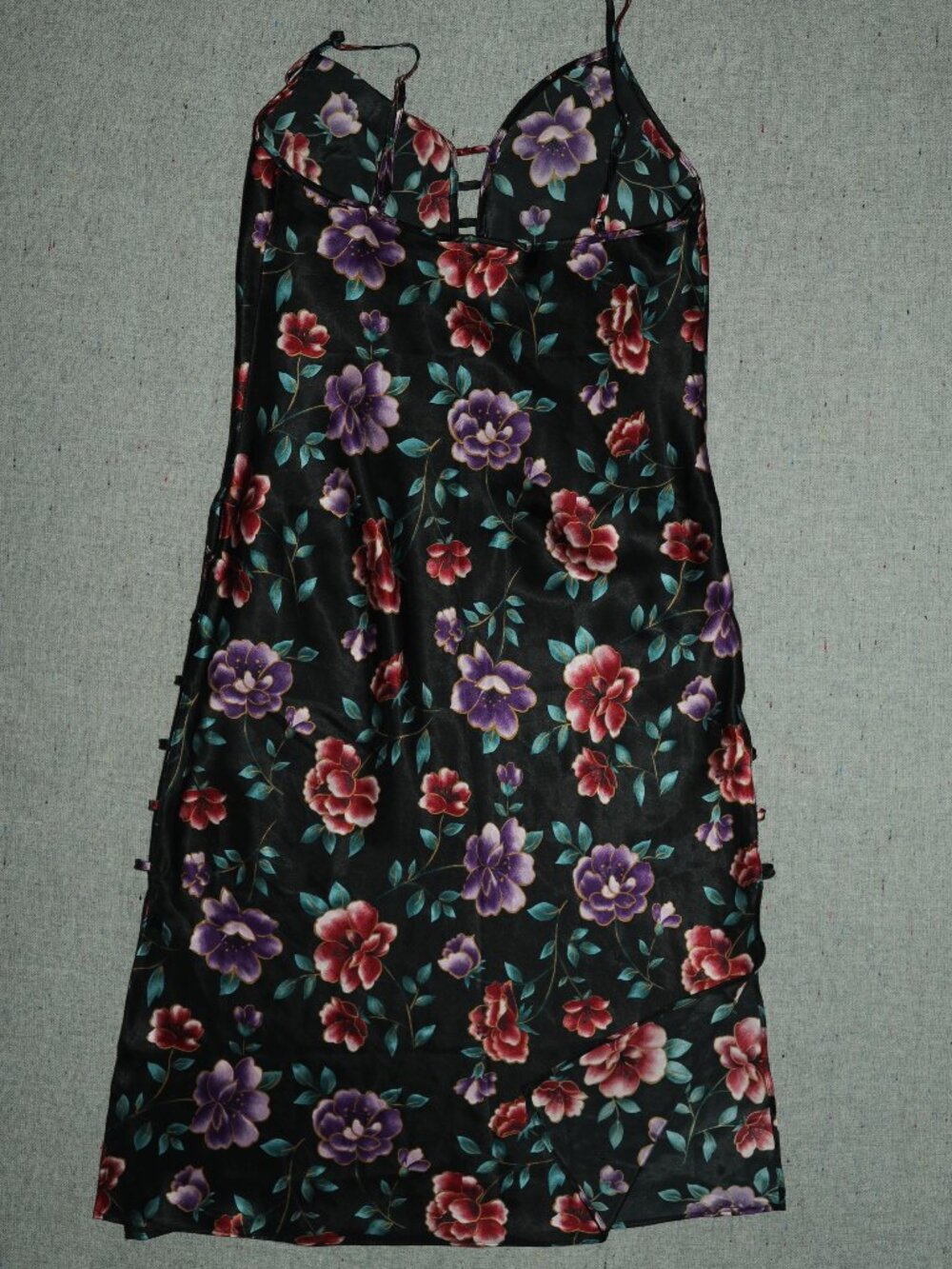 Long Satin Black Floral Satin Vintage Slip Dress with Side Slits